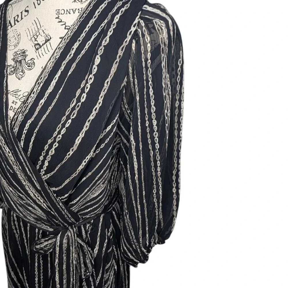 DKNY Womens Faux Wrap‎ Midi Dress Black Gray Chain Link Stripe Size 14 V-Neck